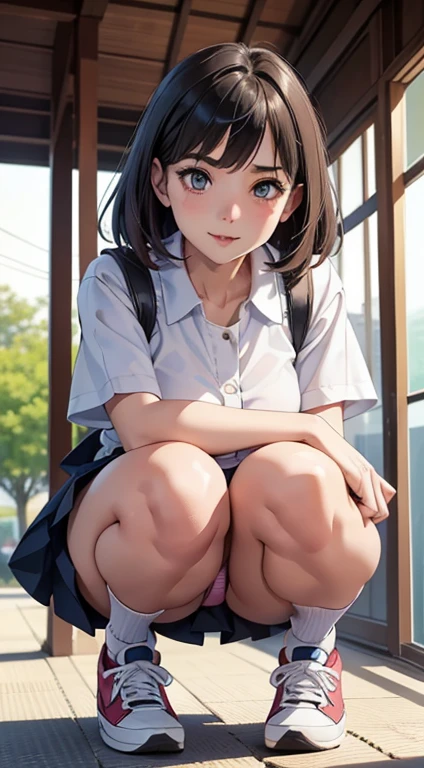 (high-quality, breathtaking),(expressive eyes, perfect face) Symmetrical Eyes, (NSFW:0.99)、a beauty girl, (Skirt lifting), looking in camera, Angle from below, Short skirt, Squatting, Shy smile, Japan , Beautiful skin, ((of the highest quality, 16 K, masutepiece: 1.3)), 1 girl, Light on Face, hyperdetailed face, very detailed lips, Detailed eyes、real looking skin、Panties with cute designs、Shaved、Variety of hairstyles、Uniforms of different colors、Dress naturally、Vans sneakers、Bite、Detailed panties