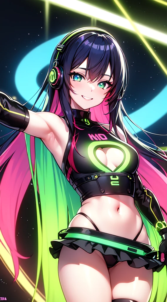 anime girl,club, 2 piece neon blue bikini, headphones,night beach party,dancing,smiling,(best quality:1.2),(ultra-detailed:1.2),(realistic:1.37),HDR,vivid colors,portraits,headphone girl,energetic pose,colorful lights,stage set,joyful expression ,anime style, atmosphere,techno music,electronic dance music,festival vibes,hip hop beats,festival outfit,expressive eyes,long hairstyle with vibrant green and red color hair, gold eyes, elaborate makeup neon lights,beaming smile,positive vibes,high-energy performance,stylized backgrounds,colorful visuals,excitement in the air, mid body portrait, back turned 