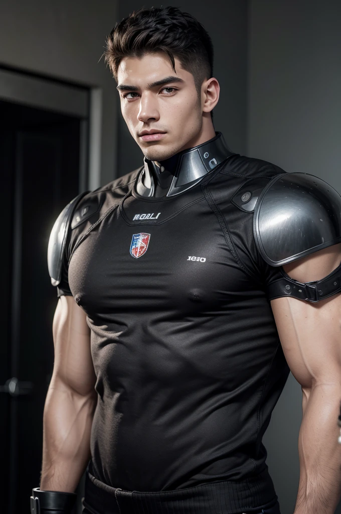 Hombre de 1.90 meters tall with a muscular and athletic build, cabello color negro, corto y desordenado, con su brazo robotico, con vestimenta militar