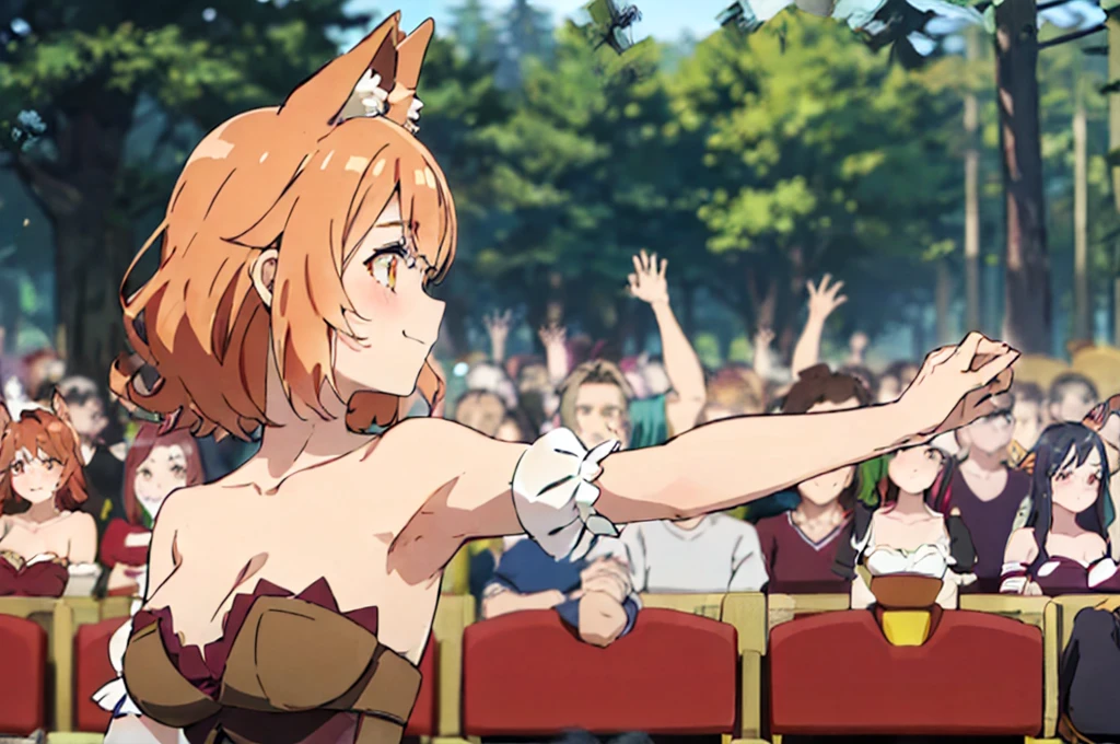 masterpiece, best quality, 1 Girl, Solitary,
outdoor, forest, 
senna, this_\(Different world_Nuanbili_For us\), Orange eyes, Thick eyebrows, eyelash, Orange Hair, Medium Length Hair, curls, Cross Bangs, Hair between the eyes, Side lock, Ahog, Facial Tagging, Animal ears, Fox ears, Animal ears绒毛, Fox Tail, medium breast,  
Separate sleeves, Corset, Garment cutting, Strapless, red shirt, belt, Red shorts, Over the knee boots, clavicle, Bare shoulders, cleveage, breast, 
(looking at the audience:1.3), Upper Body, raise arms, armpit, steam, from the side, 
blush, Smile, Shut up,