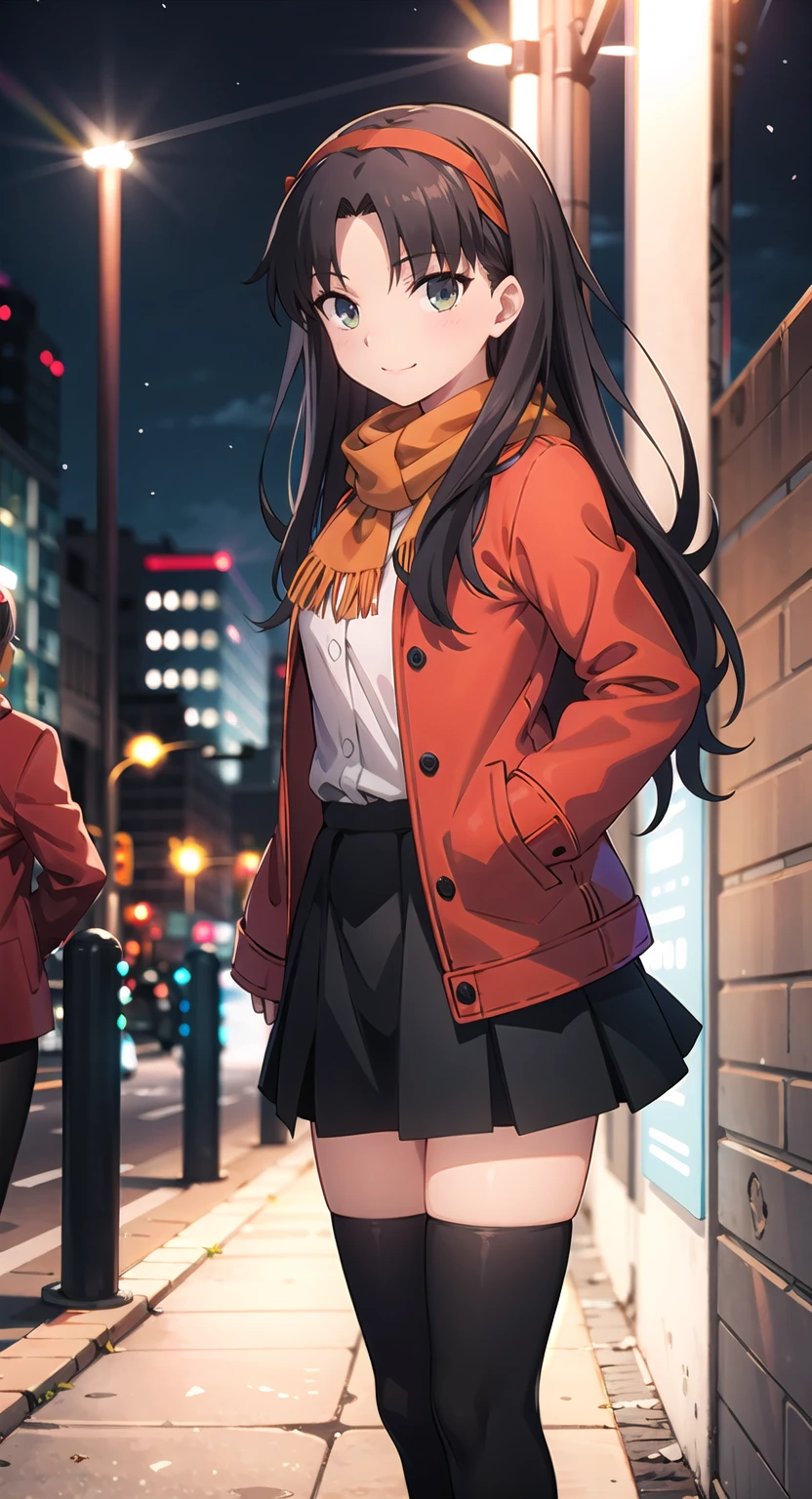 masterpiece, best quality, Extremely detailed, Very detailed,illustration, (Orange scarf:1.3), (Red Jacket:1.5), Buttons, Rin Tohsaka, long hair, Both sides up, Headband, mini skirt, Black skirt, Black over-the-knee stockings, Smile, looking at the audience, Flowing hair, Adjust hair, night, street, Skyscraper, Light Particles, Upper Body, Cowboy shooting, Hook of Holland, 