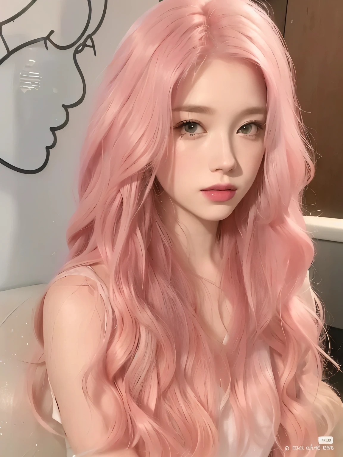 a close up of a person with pink hair and a white shirt, long flowing pink hair, flowing pink hair, long pink hair, long bubblegum hair, pastel light pink very long hair, pastel pink skin tone, pink straight hair, light pink hair, with pink hair, long hair with pastel colors, pink pastel, long light pink hair, curly pink hair, pastel pink