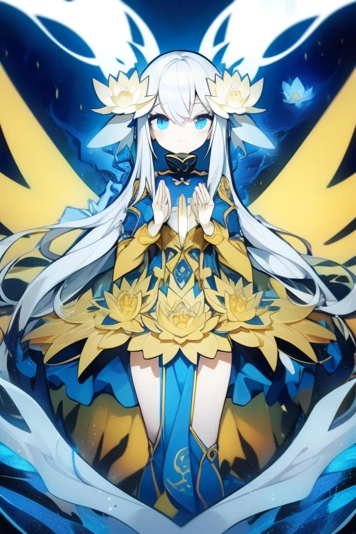Girl, K HD, 4K, expressionless, anime style, blue eyes, white hair, ((full body)), puzzled eyes, (deformer character) Masterpiece, highest quality, ultra-definition, 4K, ultra-definition illustration, high resolution Beautiful face and eyes , light blue color scheme, lighting, fantasy, solemn atmosphere, long hair, waving hair, smile, fighting posture, dynamic pose, particle light, luminescence, plasma, electric current, blue flame, sense of depth, dynamic angle,angel wing, ((lotus position:1.5)), (reaching out:1.4),