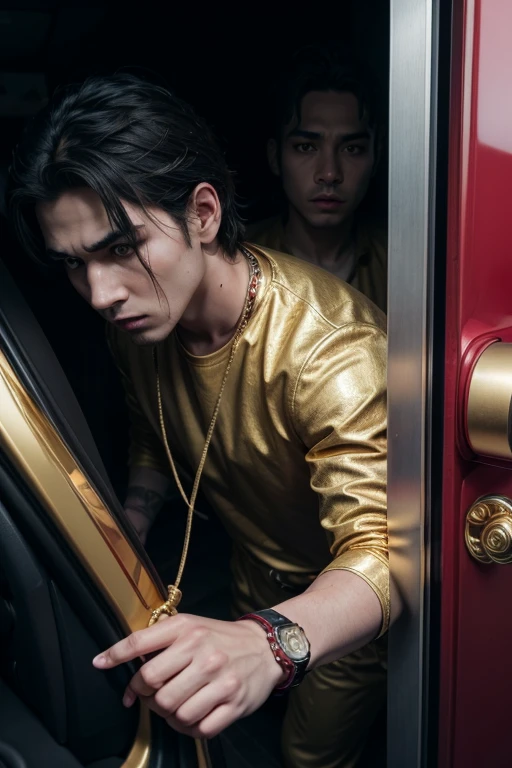 um fantasma, with gold cord, Gold watch and a red Porsche with a gold line on the sides and a rich ghost design on the door