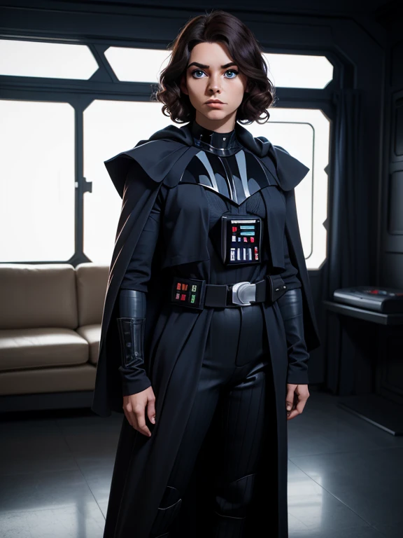 beautiful posing model, curly dark hair, dark blue eyes --ar 16:9 - plano completo vestida como discipula darth vader una joven lord sith al estilo de star wars, usando una falda con tajo