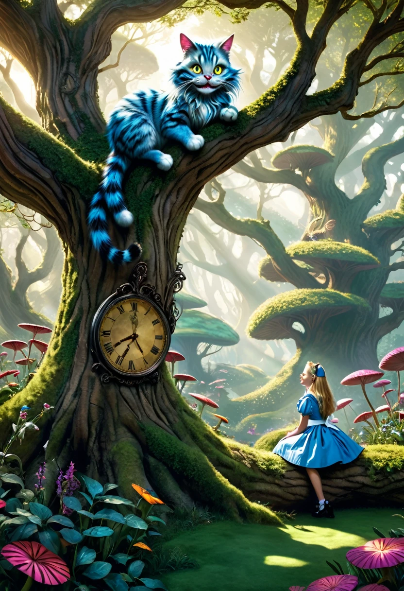 Illustration for the fairy tale Alice in Wonderland, in which Alice is speaking with the Cheshire cat lies on the tree in a realistic style