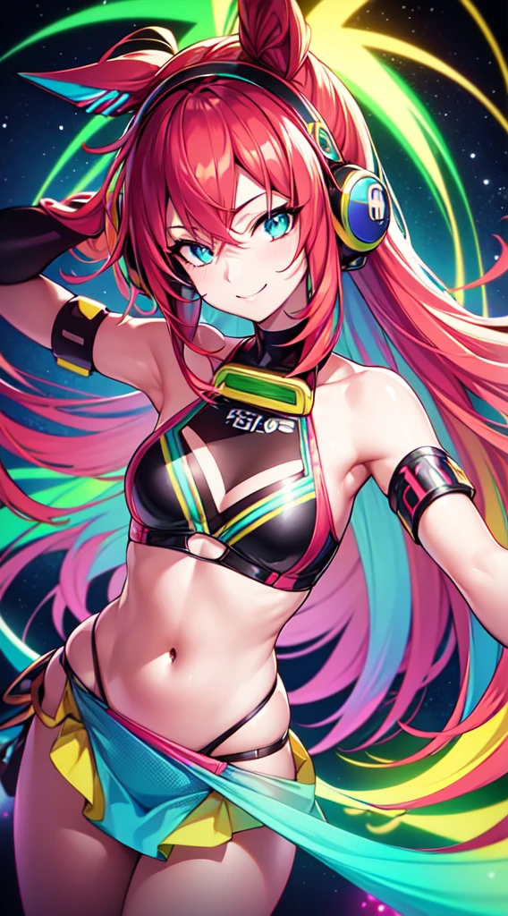 anime girl,club, 2 piece neon blue bikini, headphones,night beach party,dancing,smiling,(best quality:1.2),(ultra-detailed:1.2),(realistic:1.37),HDR,vivid colors,portraits,headphone girl,energetic pose,colorful lights,stage set,joyful expression ,anime style, atmosphere,techno music,electronic dance music,festival vibes,hip hop beats,festival outfit,expressive eyes,long hairstyle with vibrant green and red color hair, gold eyes, elaborate makeup neon lights,beaming smile,positive vibes,high-energy performance,stylized backgrounds,colorful visuals,excitement in the air, mid body portrait, back view
