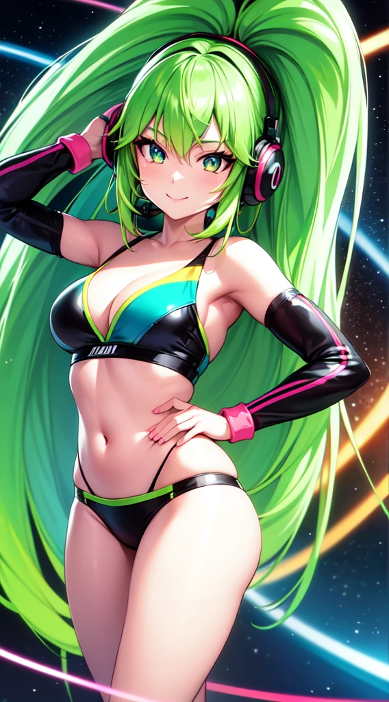 anime girl,club, 2 piece neon blue ??????, headphones,night beach party,dancing,smiling,(best quality:1.2),(ultra-detailed:1.2),(realistic:1.37),HDR,vivid colors,portraits,headphone girl,energetic pose,colorful lights,stage set,joyful expression ,anime style, atmosphere,techno music,electronic dance music,festival vibes,hip hop beats,festival outfit,expressive eyes,long hairstyle with vibrant green and red color hair, gold eyes, elaborate makeup neon lights,beaming smile,positive vibes,high-energy performance,stylized backgrounds,colorful visuals,excitement in the air, mid body portrait, back view 
