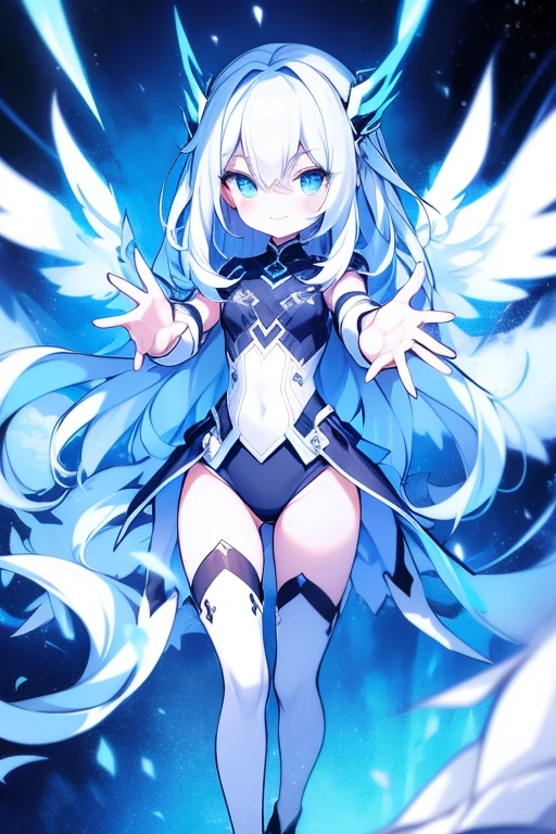 Girl, K HD, 4K, expressionless, anime style, blue eyes, white hair, ((full body)), puzzled eyes, (deformer character) Masterpiece, highest quality, ultra-definition, 4K, ultra-definition illustration, high resolution Beautiful face and eyes , light blue color scheme, lighting, fantasy, solemn atmosphere, long hair, waving hair, smile, fighting posture, dynamic pose, particle light, luminescence, plasma, electric current, blue flame, sense of depth, dynamic angle,angel wing, (reaching out:1.4),