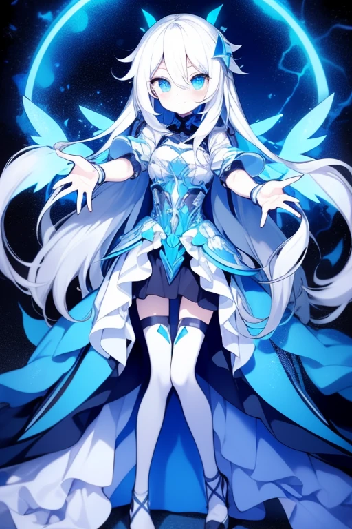 Girl, K HD, 4K, expressionless, anime style, blue eyes, white hair, ((full body)), puzzled eyes, (deformer character) Masterpiece, highest quality, ultra-definition, 4K, ultra-definition illustration, high resolution Beautiful face and eyes , light blue color scheme, lighting, fantasy, solemn atmosphere, long hair, waving hair, smile, fighting posture, dynamic pose, particle light, luminescence, plasma, electric current, blue flame, sense of depth, dynamic angle,angel wing, (reaching out:1.4),