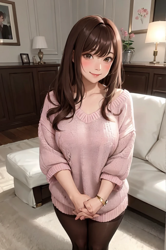 1lady standing, /(oversized sweater/) v-neck, mature female, /(brown hair/) bangs, blush kind smile, (masterpiece best quality:1.2) delicate illustration ultra-detailed, large breasts pantyhose BREAK /(modern house living room/) indoors