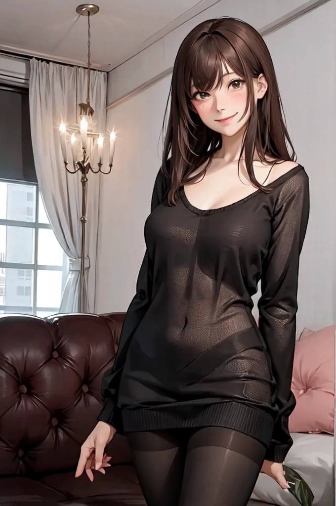 1lady standing, /(oversized sweater/) v-neck, mature female, /(brown hair/) bangs, blush kind smile, (masterpiece best quality:1.2) delicate illustration ultra-detailed, large breasts pantyhose BREAK /(modern house living room/) indoors