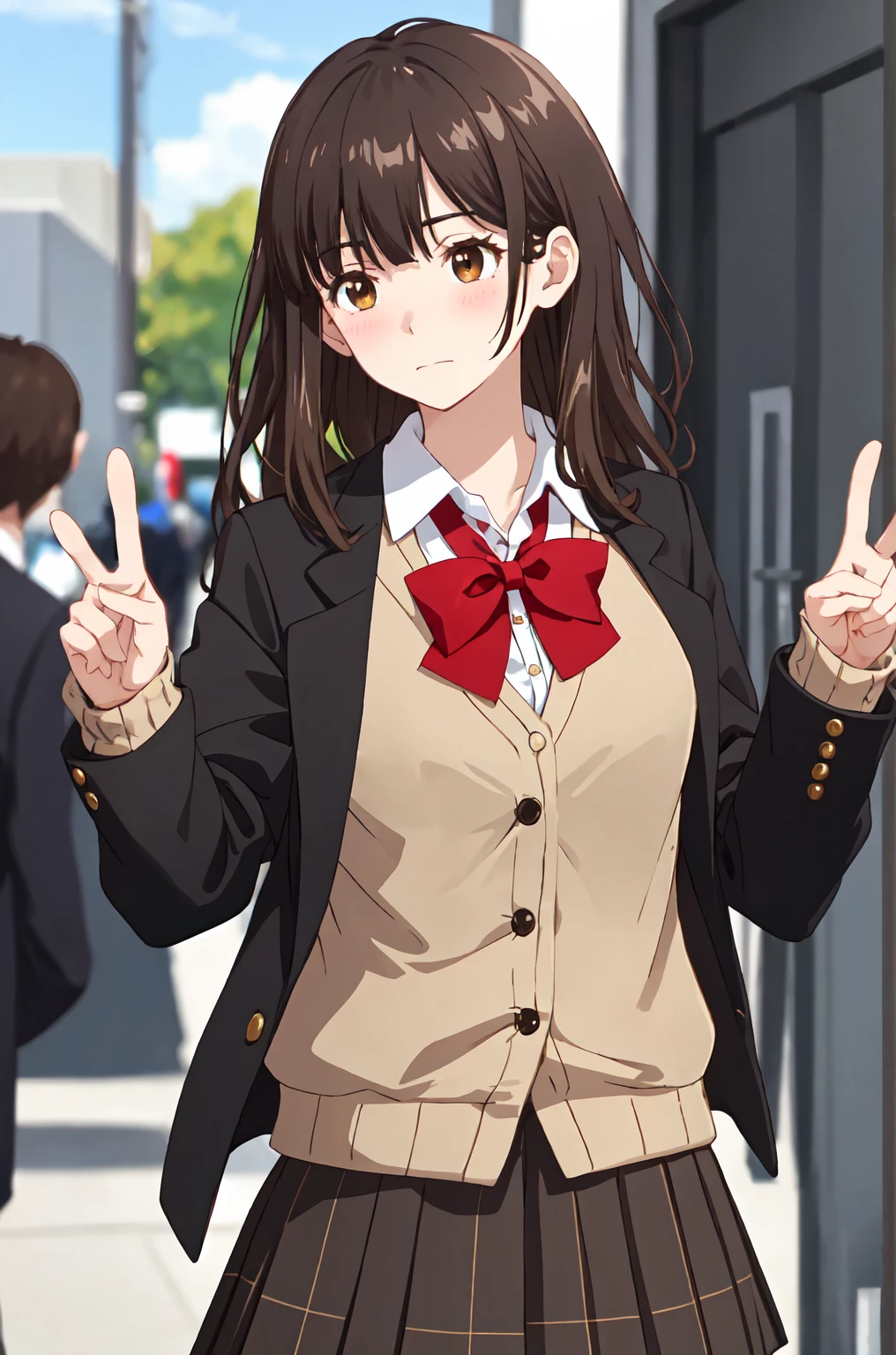 ((Tabletop, highest quality, High resolution, Hmph, Perfect Pixel,  4K, Hmph, Hmph))), One Girl, single, alone, Beauty、The whole body is visible、 ((Mid-wave hair, bangs, Brown Hair)), ((Brown eyes, Beautiful eyelashes, Realistic eyes)), ((Detailed face, Blushing:1.2)), ((Smooth texture:0.75, Realistic texture:0.65, Realistic:1.1, Anime CG Style)), Medium chest, Dynamic Angle, Perfect body,  ((Red bow tie, , Black jacket, Open jacket, Brown cardigan, White shirt, Black Skirt, Checked skirt)), City stairs、Looking up from the bottom of the stairs、Very embarrassing panic smile, looked back、Leaning forward、(The wind blew up her skirt, exposing her buttocks....................、Touch your buttocks with both hands、Light pink and red floral lace panties)、
