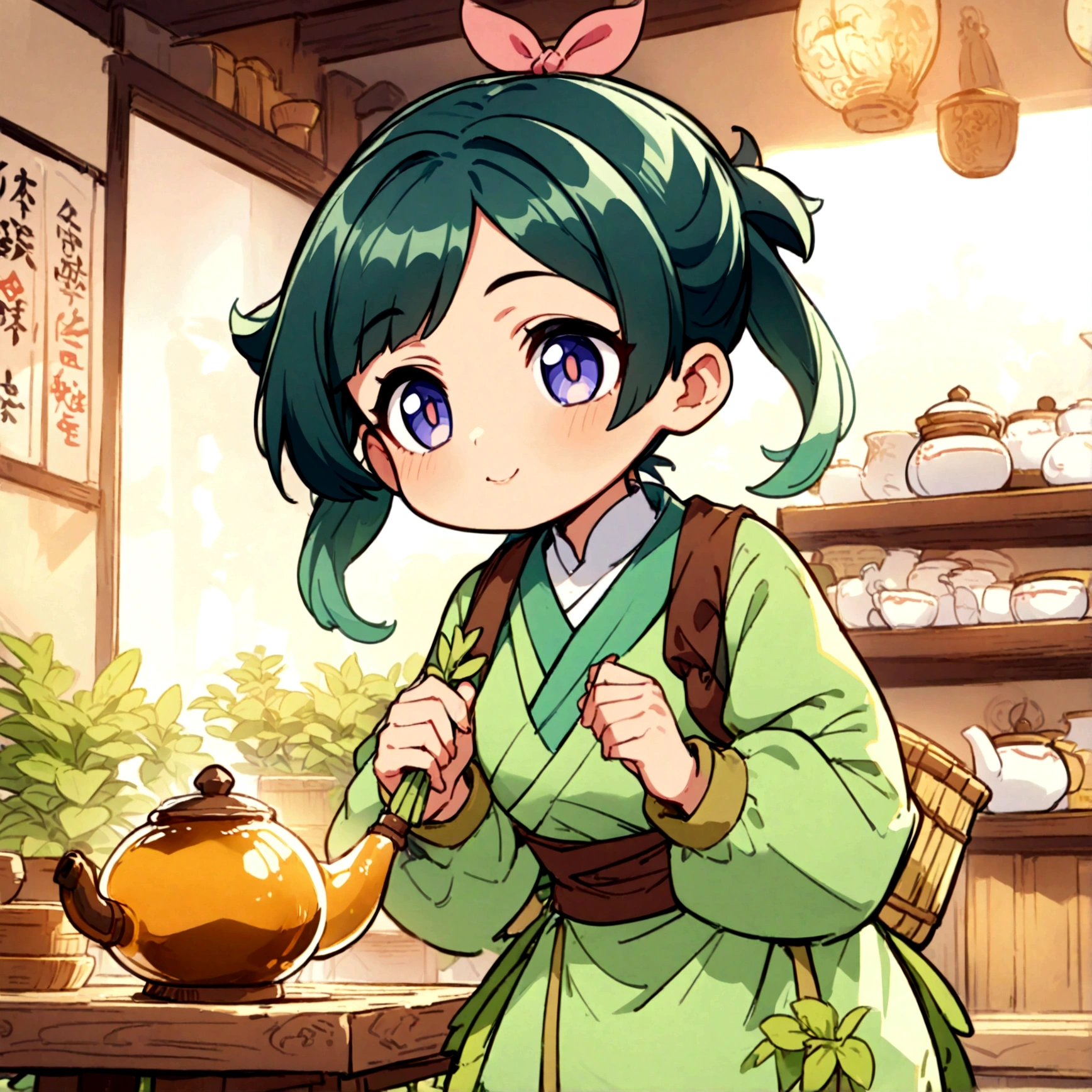 Maomao, Xiaomao apothecary diaries, best quality, detailed, 1 girl, MaoMao, the apothecary diaries, tasting herbs, excited, happy, vibrant colors, soft lighting, cheerful expression, authentic costume, herbal ingredients, ancient herbal medicine, wooden shelves, traditional apothecary tools, antique teapots, medicinal plants, delicate porcelain cups, brewing tea, aromatic steam, serene atmosphere, intricate patterns, artistic composition, peaceful garden backdrop, cultural heritage, immersive experience.