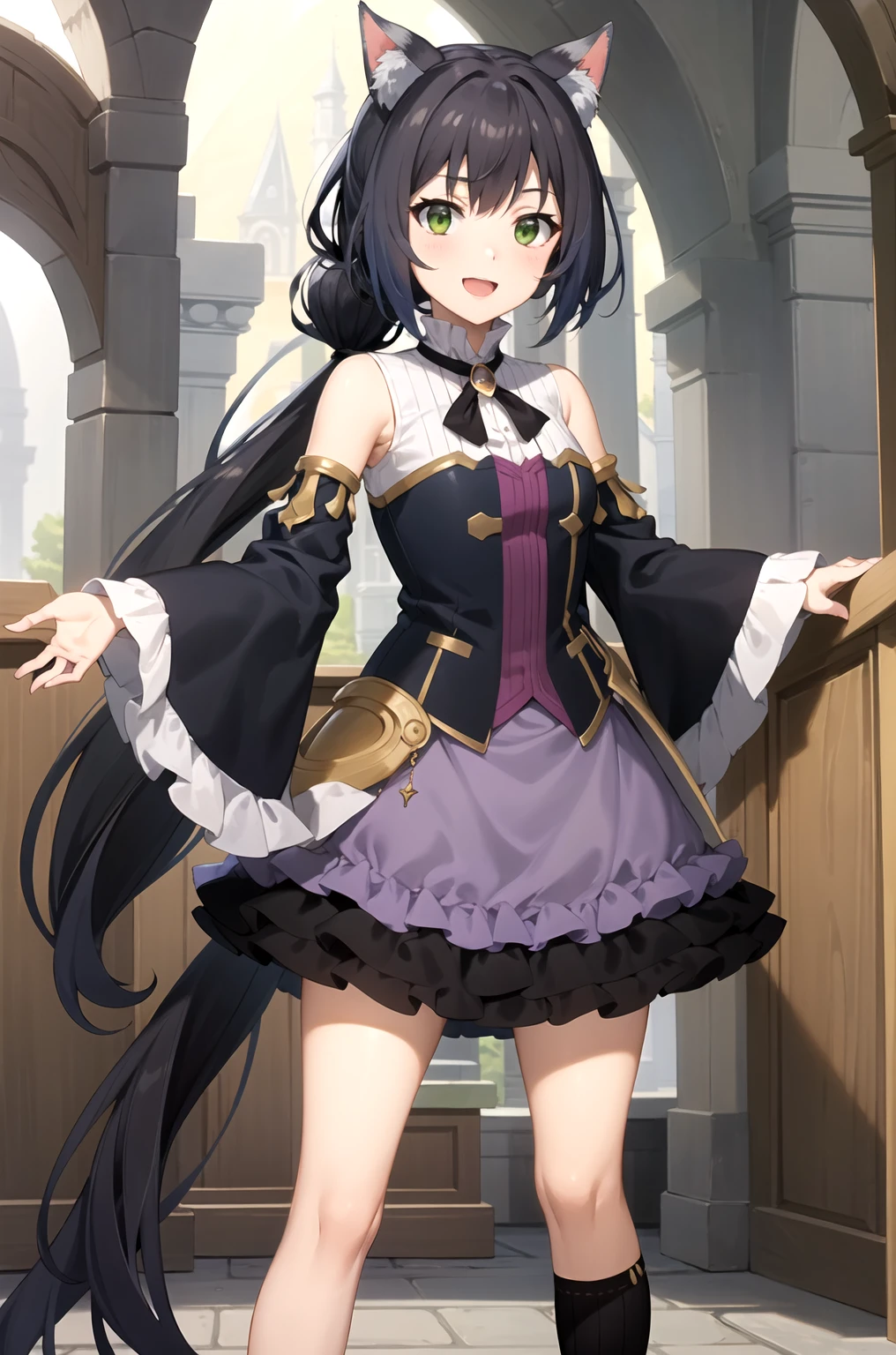 best quality, masterpiece, detailed,
Caril,
Solitary, open mouth, Smile,
Black Hair, Striped hair, white hair, Low double ponytail, Very long hair, Green Eyes, Cat ears, Cat&#39;s Tail,
CarilDress, Separate sleeves, Black over-the-knee stockings, Purple skirt, Ruffles, brooch,
permanent, looking at the audience,
outdoor, architecture, fantasy