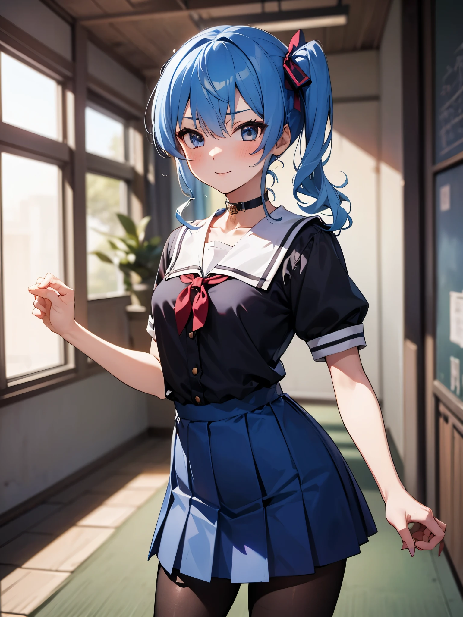 One girl,hoshimachi suisei,blue eyes,Blue Hair,choker,Hair between the eyes,Medium Hair,Side Ponytail,スターchoker,Small breasts,,Micro Mini Skirt,pantyhose,School,classroom,Narrow Alley,(Perfect hands),(Perfect Anatomy),(masterpiece),(highest quality)