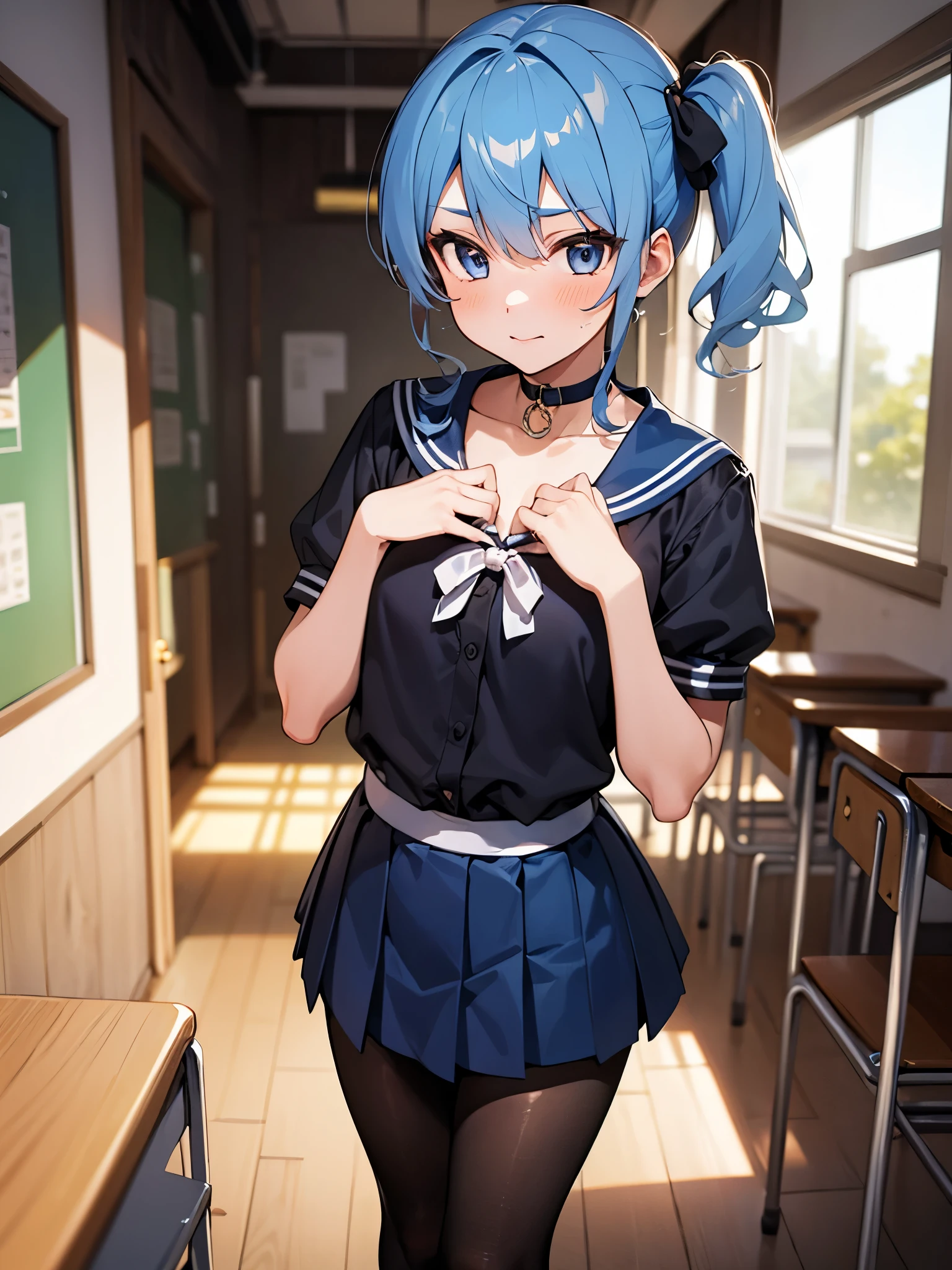 One girl,hoshimachi suisei,blue eyes,Blue Hair,choker,Hair between the eyes,Medium Hair,Side Ponytail,スターchoker,Small breasts,,Micro Mini Skirt,pantyhose,School,classroom,Narrow Alley,(Perfect hands),(Perfect Anatomy),(masterpiece),(highest quality)