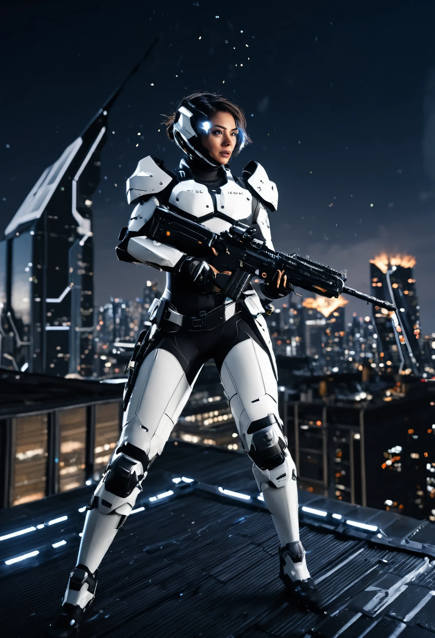 A futuristic female soldier in white and black armor stands on the roof of an industrial building, shooting at enemies with glowing energy weapons from her hands. The background is a night cityscape with tall skyscrapers and sparks flying around. In the style of Unreal Engine 5.
