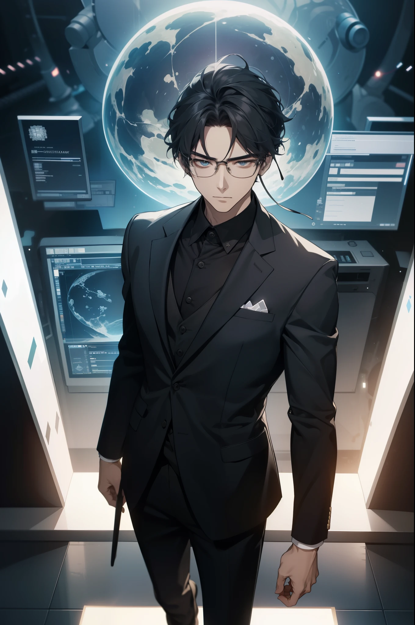 Qin Mu is standing confidently on a stage in a high-tech studio. He is wearing a sleek suit that exudes an academic vibe, with glasses enhancing his intellectual appearance and a microphone attached to his ear. Qin Mu is presenting scientific information with determination in his eyes, directly looking at the camera, engaging the viewer. Behind him, a large screen displays dynamic graphics related to oxygen toxicity and scientific data. Surrounding him are scientific instruments such as microscopes, beakers, and molecular models, emphasizing the scientific setting. The audience is visible in the background, attentively listening and taking notes. Spotlights from above illuminate Qin Mu, making him the focal point of the image. The overall atmosphere conveys excitement and the importance of the scientific knowledge Qin Mu is sharing."

