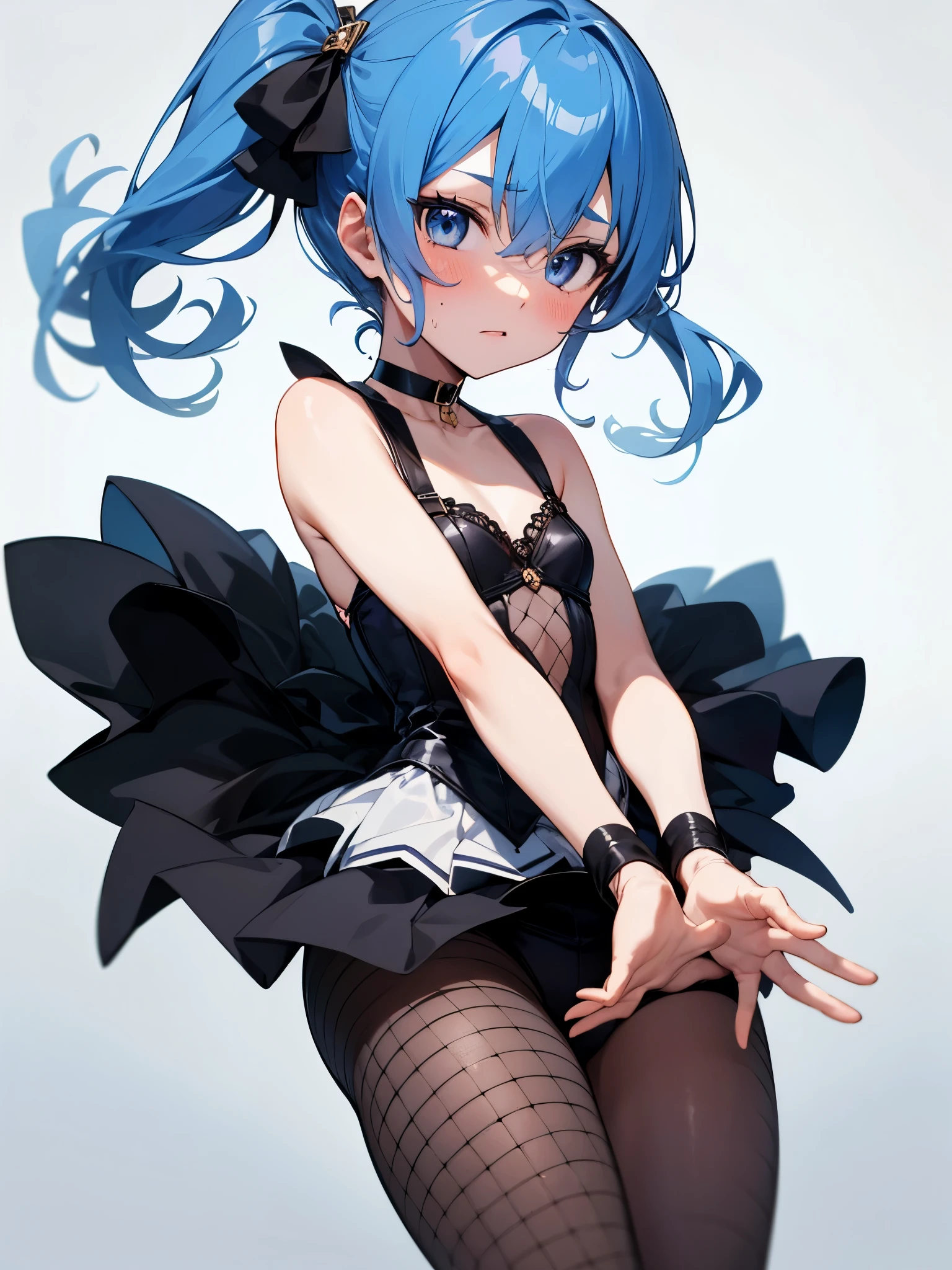 One girl,hoshimachi suisei,blue eyes,Blue Hair,choker,Hair between the eyes,Medium Hair,Side Ponytail,スターchoker,Small breasts,Bondage Dresses,Fishnet tights,(Perfect hands),(Perfect Anatomy),(masterpiece),(highest quality)