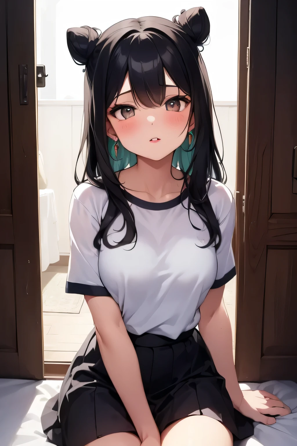 Amazing portrait of a sexy and woman with a beautiful face with seductive eyes gazing intensely at me with her soft lips parted in anticipation of a kiss which is making her blush intensely her lips are also curved in a soft smile she has her luscious black hair in a cute bun wearing a black and white striped t shirt and a dark green skirt paired with some elegant earrings her t shirt showing her medium chest and perfect body off