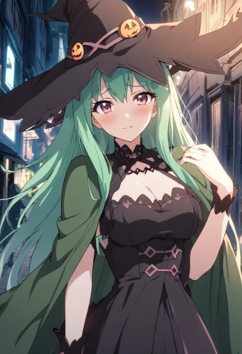 a close up of a person wearing a hat and dress, flirty anime witch casting magic, gothic maiden anime girl, anime girl with long hair, fashionable dark witch, in a cloak with long hairs, anime girl wearing a black dress, dark witch character, witch academia, with a green cloak, witch girl, classical witch, green hair, haloween, backgraund night alley, older, age 24