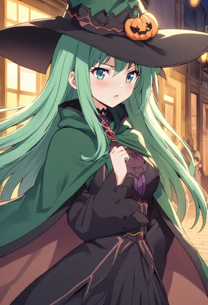 a close up of a person wearing a hat and dress, flirty anime witch casting magic, gothic maiden anime girl, anime girl with long hair, fashionable dark witch, in a cloak with long hairs, anime girl wearing a black dress, dark witch character, witch academia, with a green cloak, witch girl, classical witch, green hair, haloween, backgraund night alley, older, age 24