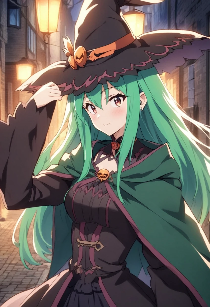 a close up of a person wearing a hat and dress, flirty anime witch casting magic, gothic maiden anime girl, anime girl with long hair, fashionable dark witch, in a cloak with long hairs, anime girl wearing a black dress, dark witch character, witch academia, with a green cloak, witch girl, classical witch, green hair, haloween, backgraund night alley, older, age 24