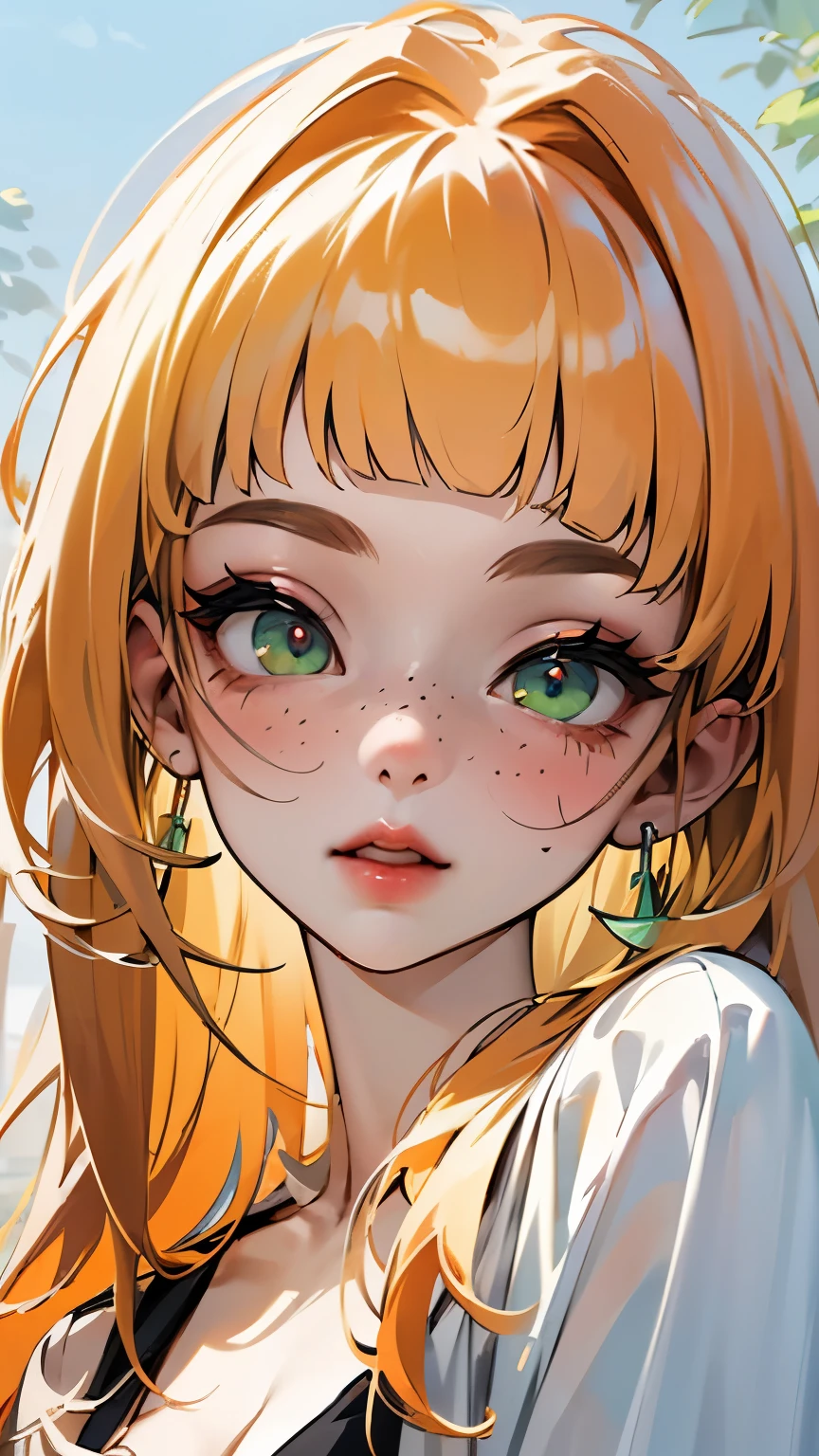 ((mejor calidad)), ((obra maestra)), (detallado), 1 chica, white woman, big, bright green eyes, freckles on her face, long straight orange hair with red gradient downwards, orange bangs on her forehead, in the middle of nature, cute anime animation style