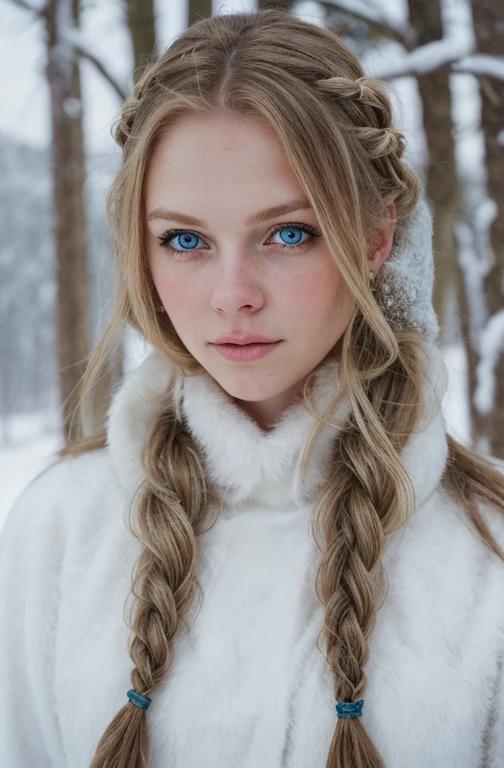 (Realisttic:1.2), analog photo style, female nordic warrior, fantasy snowy setting, braided blonde hair, full body, soft natural light, cute and sexy, pleasure, detailed face and blue eyes, great quality, Masterpiece, detailed northern background, 16k quality, RAW photo