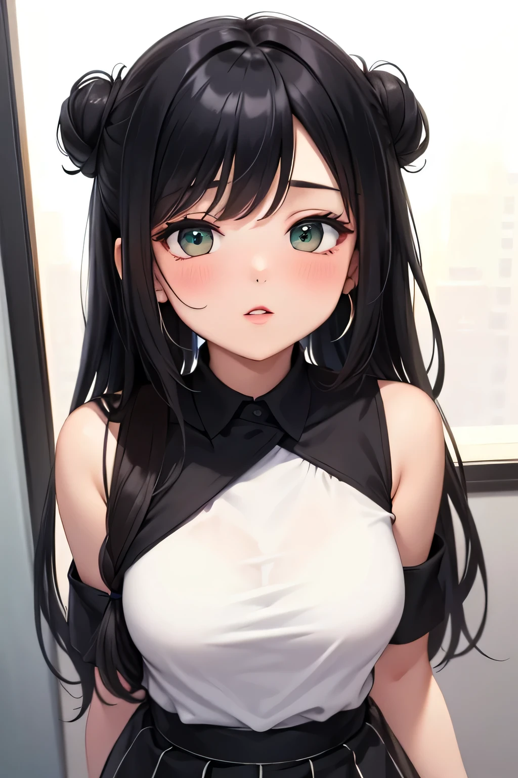 Amazing portrait of a sexy and  woman with a beautiful face with seductive eyes gazing intensely at me with her soft lips parted in anticipation of a kiss which is making her blush intensely her lips are also curved in a soft smile she has her luscious black hair in a cute bun wearing a black and white striped t shirt and a dark green skirt paired with some elegant earrings her t shirt showing her medium chest and perfect body off 