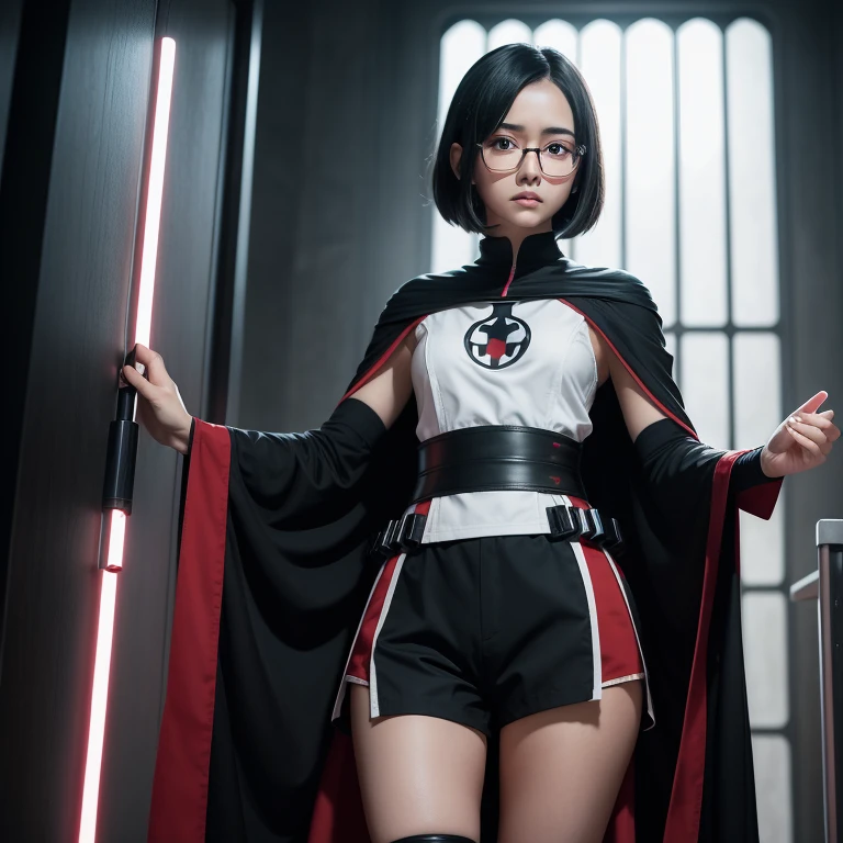 1 girl, from below, standing, beautiful Sarada Uchiha, 18 years old, Cups, Black thighs, arm warmers, forehead protector, shorts, short hair, big chest, black eyes wearing glasses, small hips, big ass, capture anime screen, Sarada is 18 years old, mature appearance, vestida cono discipula de darht vader una lord sith, de star wars, cabello largo hasta la cintura pechos grades escote ajustado y transparente