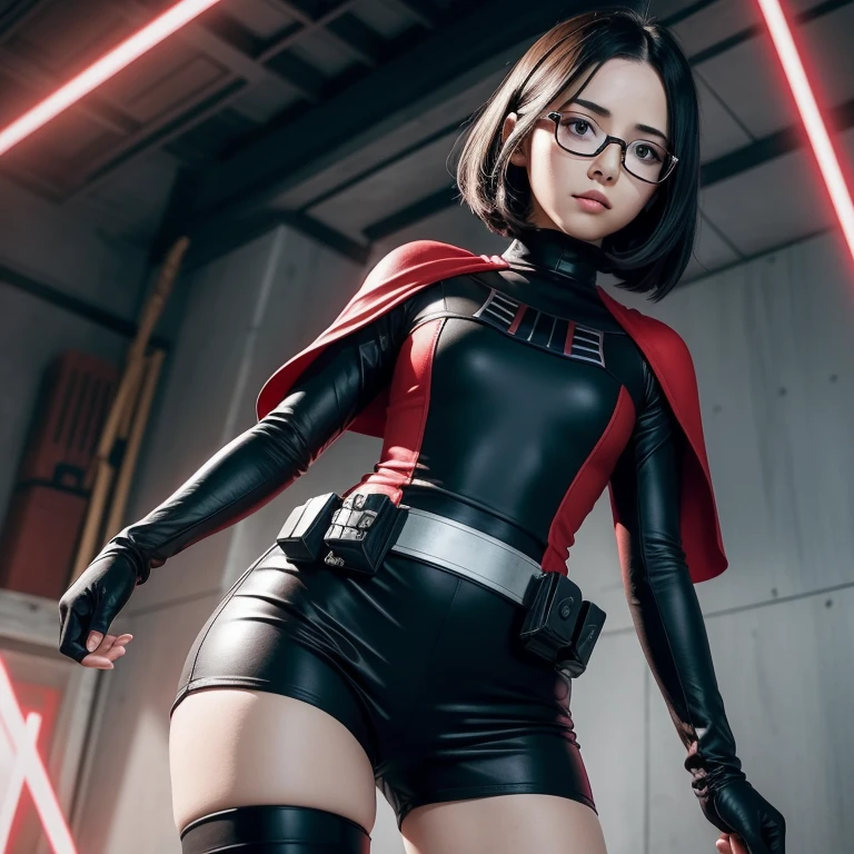 1 girl, from below, standing, beautiful Sarada Uchiha, 18 years old, Cups, Black thighs, arm warmers, forehead protector, shorts, short hair, big chest, black eyes wearing glasses, small hips, big ass, capture anime screen, Sarada is 18 years old, mature appearance, vestida cono discipula de darht vader una lord sith, de star wars, cabello largo hasta la cintura pechos grades escote ajustado y transparente