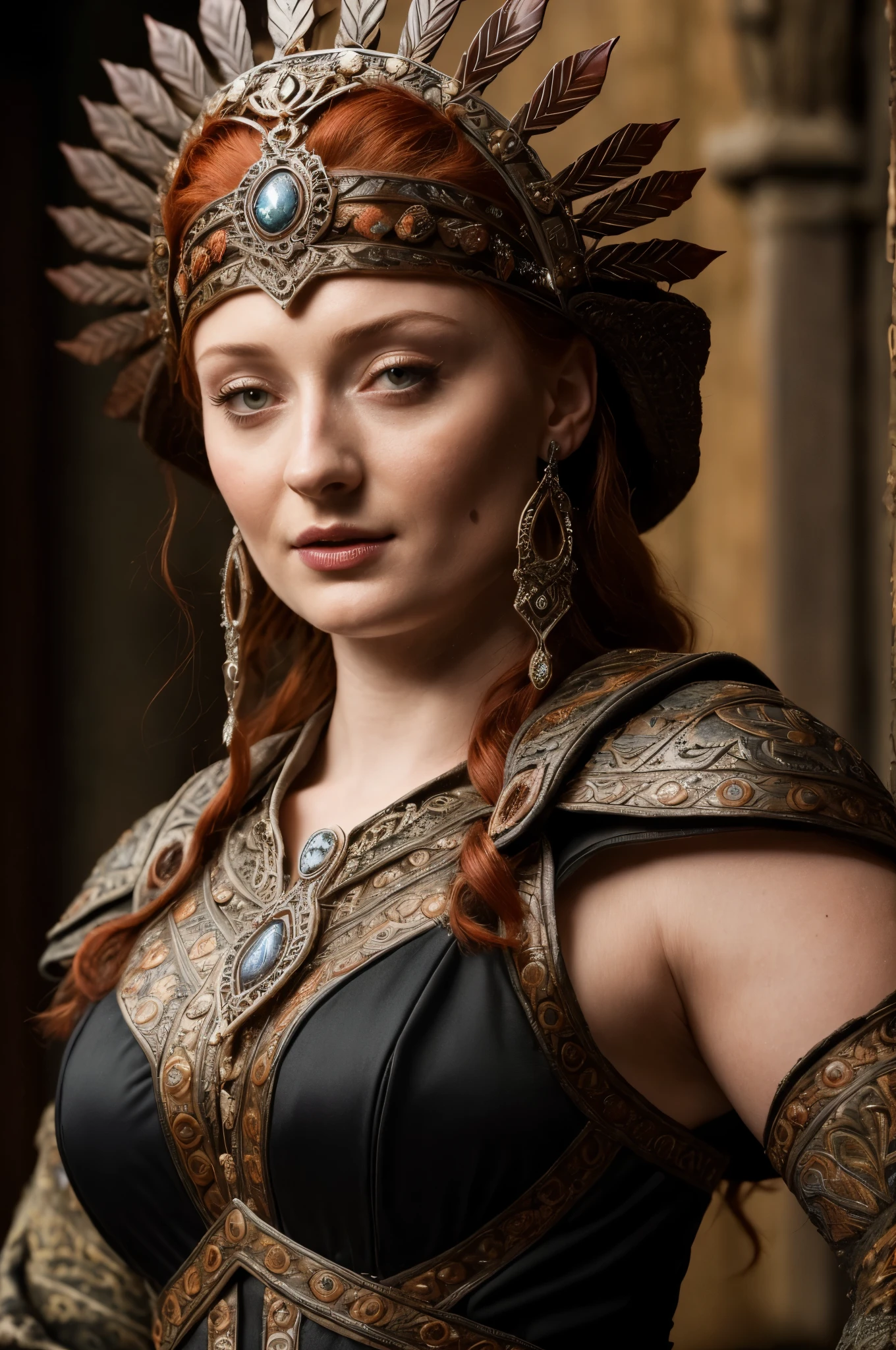 Face of Sophie Turner, Sansa Stark played by Sophie Turner, the de facto Lady of the Eyrie, is a 40-year-old mature queen with a stunning, alluring appearance. Full Face, Full figured woman, pierced eyes, reddish lips, upper body shot, erotic Mediaeval costumes, game of thrones costumes, She wears a Game of Thrones-inspired costume and has a deep cleavage, a perfect thick body, and a perfect thick figure. The photograph captures her in a close-up, with her skin texture and facial features being ultra-realistic and realistic. Juicy thick figure, high quality skin, Skin pores, amazing details, snow, snow flakes, semi realistic, extremely detailed eyes, dark moody orange and black settings, cool environment, artificial intelligence