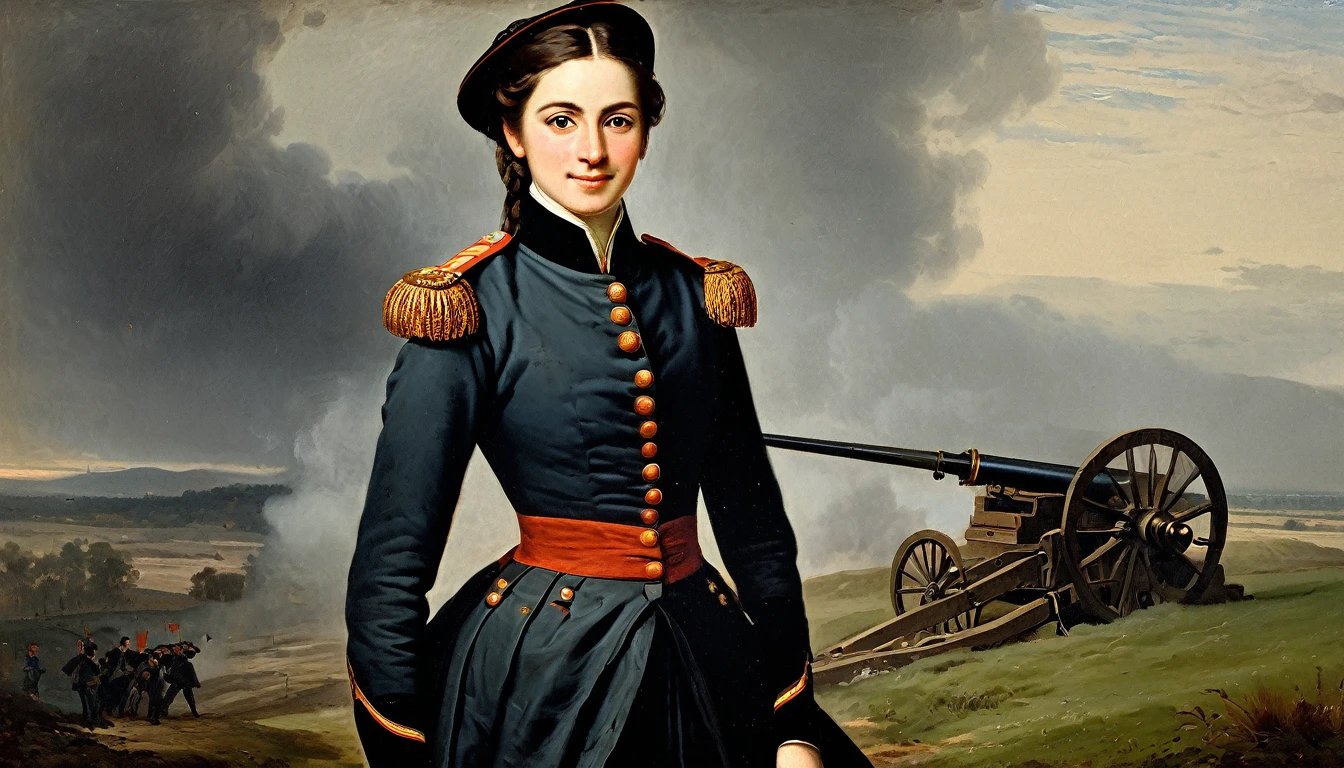 [whole body], charming young pretty warrior woman, brunette, smiling slightly mysteriously over her shoulder, averting her eyes, in a military artillery uniform, 18th century, howitzer, braided redoubt, cannonballs, military battle (Adolphe Piot style)), dark Renaissance, (fog, very worn gradient), ((palette/palette knife oil painting)), ((masterpiece)), single shot, image quality:1.2, maximum detail, perspective:1.67, 8k