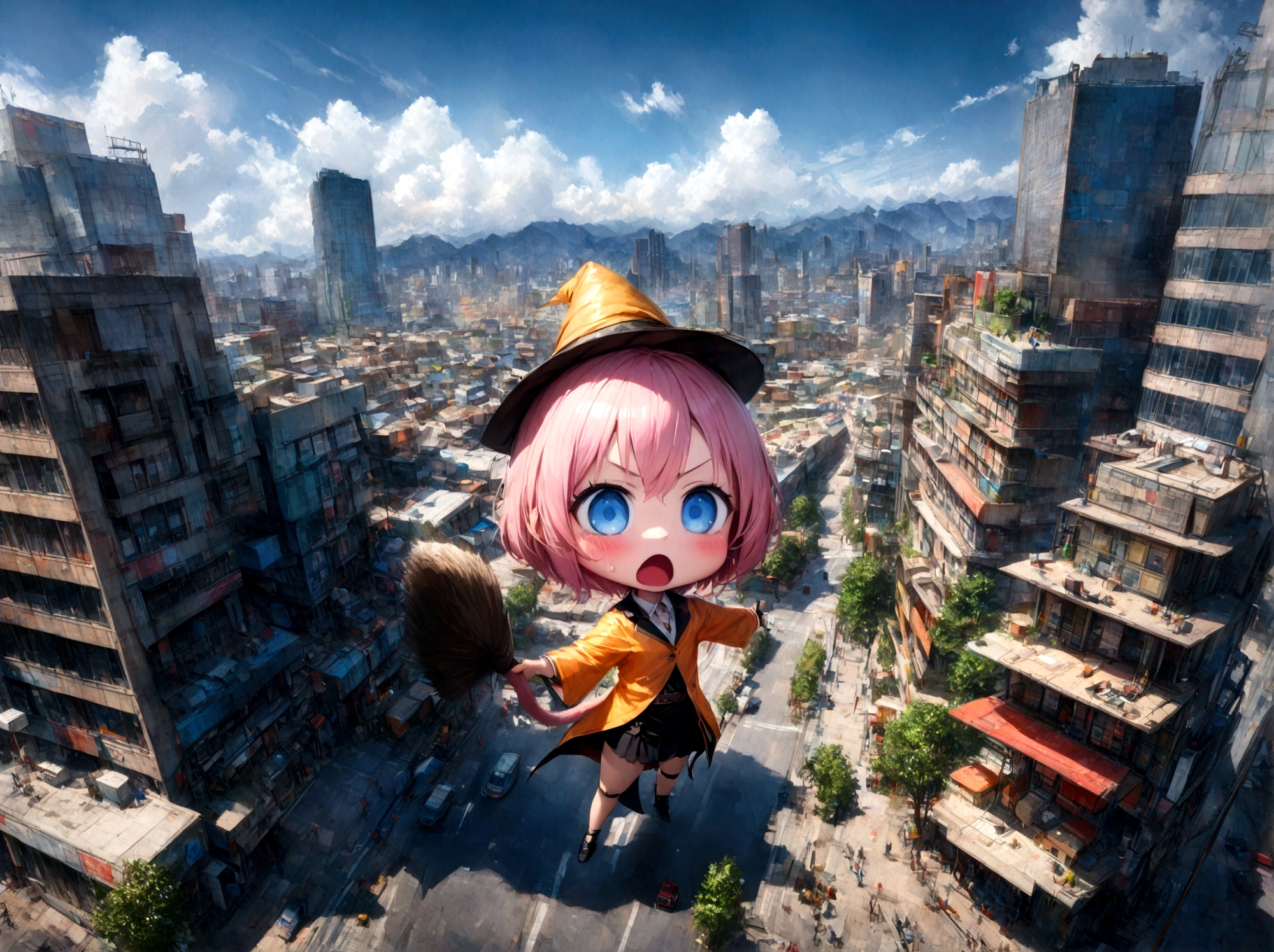(((Top quality, 4k, 8k, high resolution, masterpiece: 1.2))), (super detailed), (realistic), (photorealistic), (photorealistic: 1.37), (HDR, UHD), (studio (lighting)), ultra-fine drawing, sharp focus, physically based rendering, highly detailed, professional, vibrant colors, perfect ditaile hand, highly detailed realistic eyes, (((Panorama, Aerial view, Distant view))), (((standing on the street in the office building district of a modern metropolis,))), (chibi:1.3), chibi, Super deformed character, 1girl, solo, cute, young, kawaii, handsome female witch, beautiful witch, wizard's hat, wizard's tricorn hat, cat tail, (mouth open, (mouth wide open), screaming), pink hair, short fine hair, bangs, hair between eyes, hair ornament, v-shaped eyebrows, surprised face, blushing, sweat, heavy sweating, blue eyes, no pupils, looking at viewer, arms wide open, legs wide open, holding an old-fashioned broom in one hand,