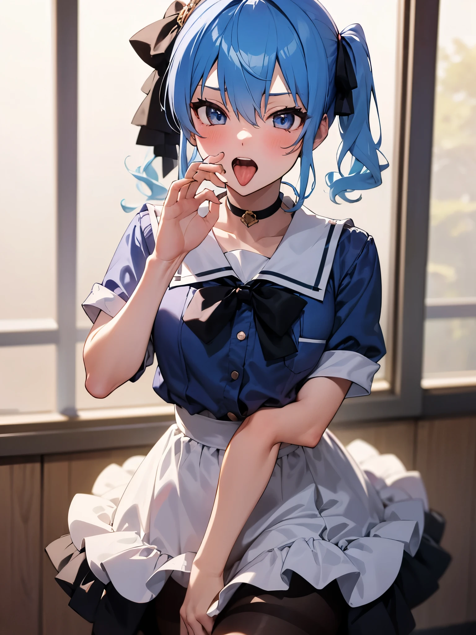 One girl,hoshimachi suisei,blue eyes,Blue Hair,choker,Hair between the eyes,Medium Hair,Side Ponytail,スターchoker,Small breasts,,Micro Mini Skirt,pantyhose,School,classroom,(Perfect hands),(Perfect Anatomy),(masterpiece),(highest quality)