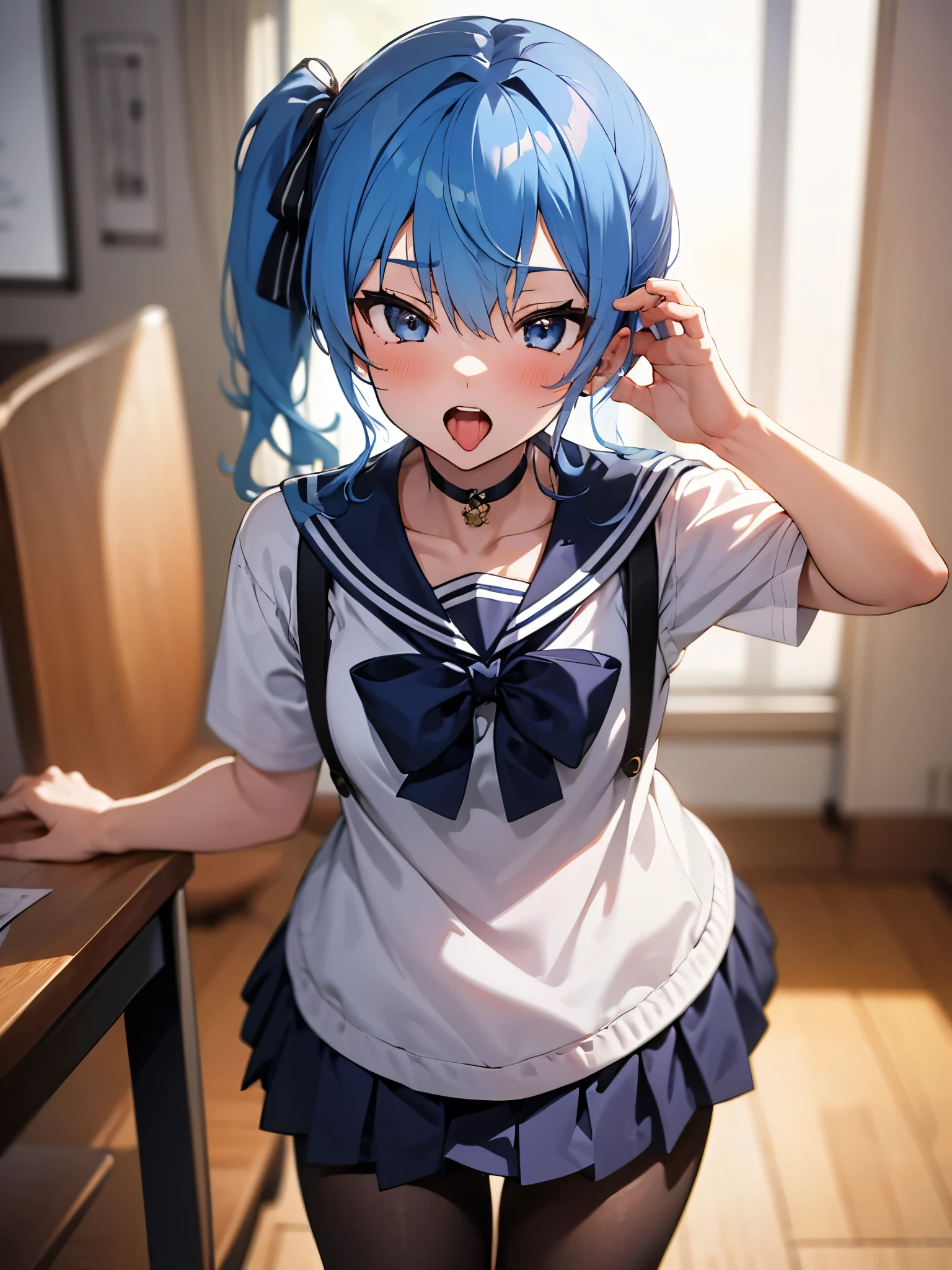 One girl,hoshimachi suisei,blue eyes,Blue Hair,choker,Hair between the eyes,Medium Hair,Side Ponytail,スターchoker,Small breasts,,Micro Mini Skirt,pantyhose,School,classroom,(Perfect hands),(Perfect Anatomy),(masterpiece),(highest quality)