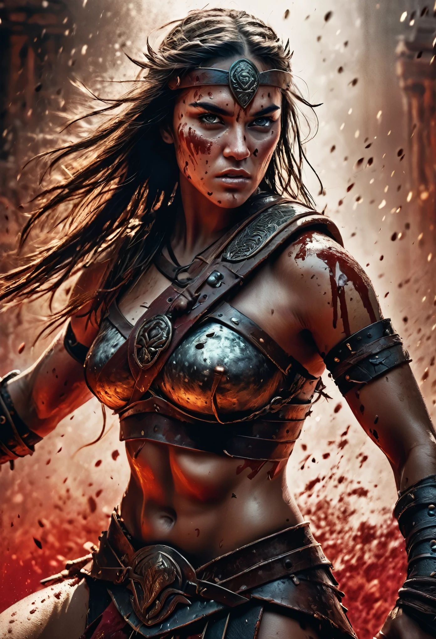 style,Epic illustration of a barbarian warrior woman,looking at the camera, close up, evoking the grandeur of Gladiator, soaked in blood, undamaged details, while rendering with dynamic lighting, sweeping camera angles, and intense emotional depth,cinematic background, cinematography in artistic style, large strokes, finalized with ink, fine lines