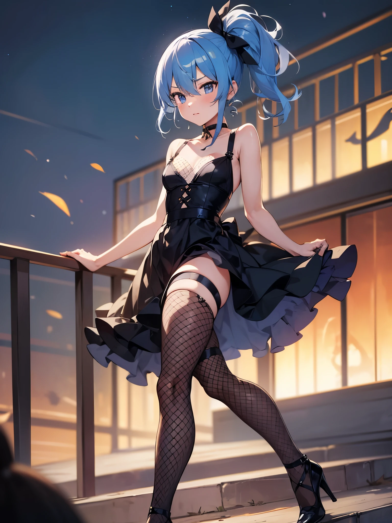 One girl,hoshimachi suisei,blue eyes,Blue Hair,choker,Hair between the eyes,Medium Hair,Side Ponytail,スターchoker,Small breasts,Bondage Dresses,High leg,Fishnet tights,High heels,Cabaret Club,(Perfect hands),(Perfect Anatomy),(masterpiece),(highest quality)
