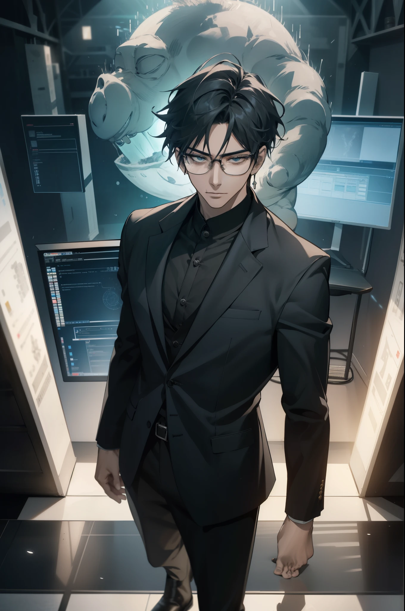 Qin Mu is standing confidently on a stage in a high-tech studio. He is wearing a sleek suit that exudes an academic vibe, with glasses enhancing his intellectual appearance and a microphone attached to his ear. Qin Mu is presenting scientific information with determination in his eyes, directly looking at the camera, engaging the viewer. Behind him, a large screen displays dynamic graphics related to oxygen toxicity and scientific data. Surrounding him are scientific instruments such as microscopes, beakers, and molecular models, emphasizing the scientific setting. The audience is visible in the background, attentively listening and taking notes. Spotlights from above illuminate Qin Mu, making him the focal point of the image. The overall atmosphere conveys excitement and the importance of the scientific knowledge Qin Mu is sharing."