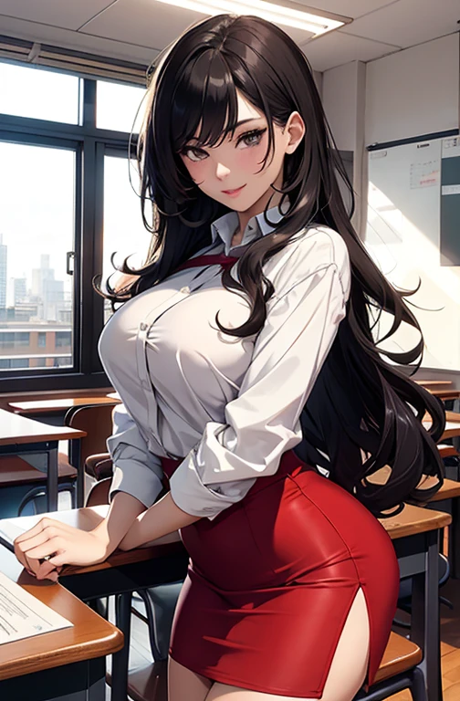 masterpiece, best quality, manwha style, best lighting, shadows, portrait, perfect ???????, 1 girl, adult anime girl, 21 years old, MILF, allure, ??????, mature features, showing ????, bitchy face, pretty lips, pretty eyes, black wavy hair, black eyes, seductive eyes, blushing, flirty, pretty smile, tiny red skirt, white tight shirt, classroom background, ???, ??????, thighs, seductive, spicy, hot, flirty, ????,