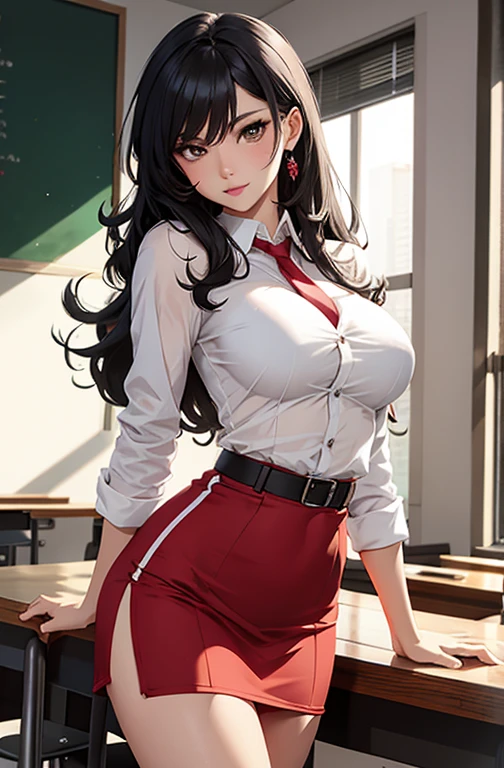 masterpiece, best quality, manwha style, best lighting, shadows, portrait, perfect anatomy, 1 girl, adult anime girl, 21 years old, MILF, allure, erotic, mature features, showing tits, bitchy face, pretty lips, pretty eyes, black wavy hair, black eyes, seductive eyes, blushing, flirty, pretty smile, tiny red skirt, white tight shirt, classroom background, ass, breast, thighs, seductive, spicy, hot, flirty, nsfw,