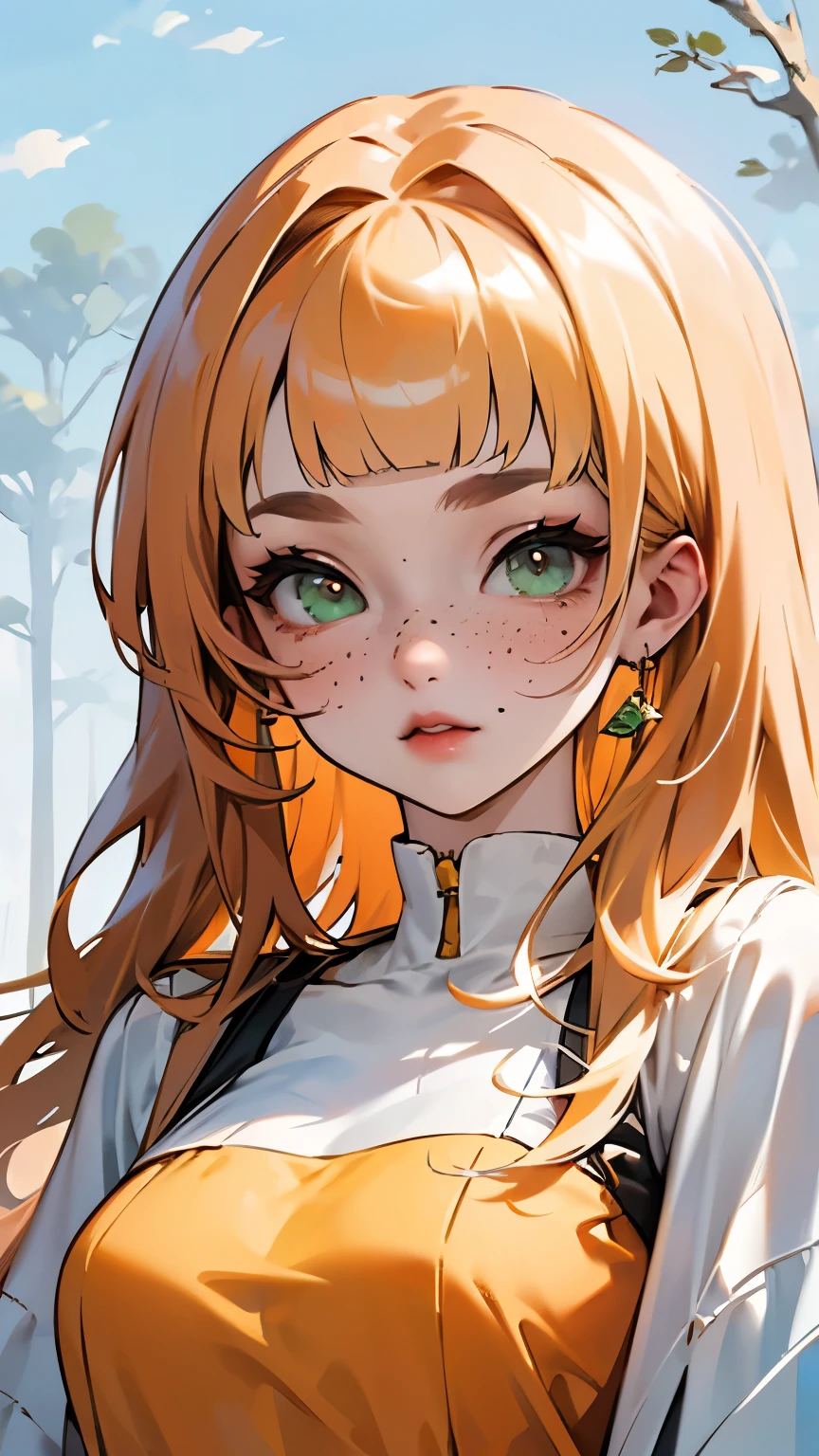 ((mejor calidad)), ((obra maestra)), (detallado), 1 chica, white woman, big, bright green eyes, freckles on her face, long straight orange hair with red gradient downwards, orange bangs on her forehead, in the middle of nature, cute anime animation style