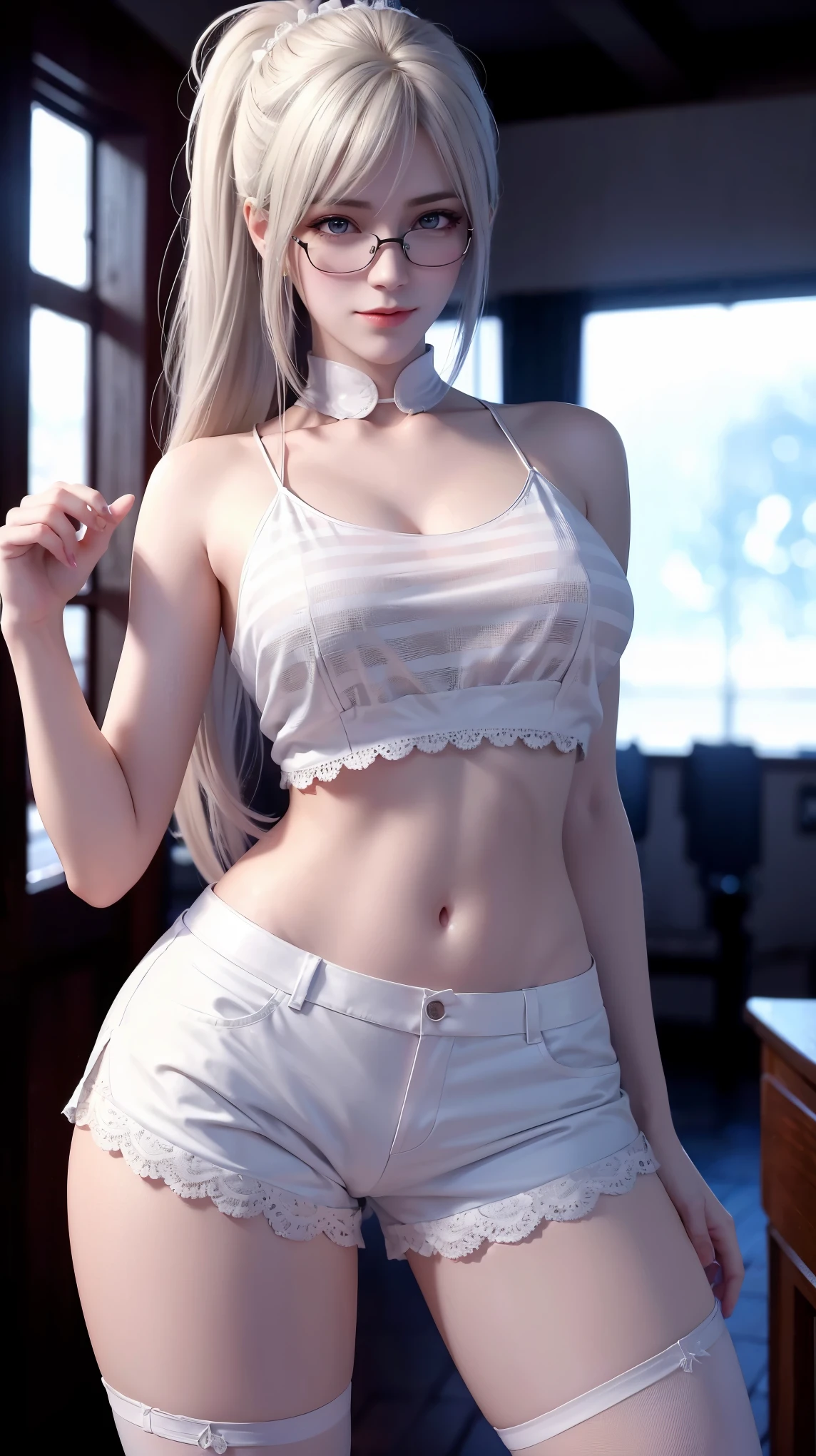 a white hair、Close-up of miss wearing white mask, Beautiful character painting, guweiz, Gurwitz-style artwork, White-haired god, author:Yang Jie, Epic and beautiful character art, Stunning character art, author:Fan Qi, by Wuzhun Shifan, pixiv Art Street Guviz, Single ponytail, , High Ponytail, Tall and big, Long legs, (sleeveless lace shirt), (shorts), (Striped )), ((Striped )), Walk, elegant, dignified, miss, Beautiful curves, sweet smile, Strong sense of detail and layering, color丰富绚丽, Has a unique texture, rich and colorful, color, vivid, Design Art, 16K, Super detailed, {{illustration}}, {Extremely refined}, {Exquisite surface treatment}, Super detailed, Delicate and shining eyes, {{Light}}, 极致Light效果, Model: realism, CFG size: 12, Laura: Bright texture (1.35), high quality, masterpiece, Exquisite facial features, Delicate hair depiction, Detailed depiction of the eyes, masterpiece, best quality, Light線追蹤, Extremely detailed CG unified 8k wallpaper, masterpiece, best quality, (1 girl), 完美miss身材, (((Skinny white T-shirt))), beautiful eyes, (Delicate face), short black hair, Tie your hair up, Light blue hairpin, Black silk frame glasses, in class, (White skin), (Optimal Lighting), (Super intricate details), 4k unity, (Super detailed CG), Showing off her white legs, , Hot Pants, shorts,性感Long legs, Thin waist, Sweat runs down my waist, Showing belly, Extremely detailed depiction, Pink Hair, Asymmetrical bangs, Transparent clothes, Hands on thighs, 把目Light移開, 8k resolution, Raise an eyebrow, shiny hair, Flower head, Wristbands, bandage,leather