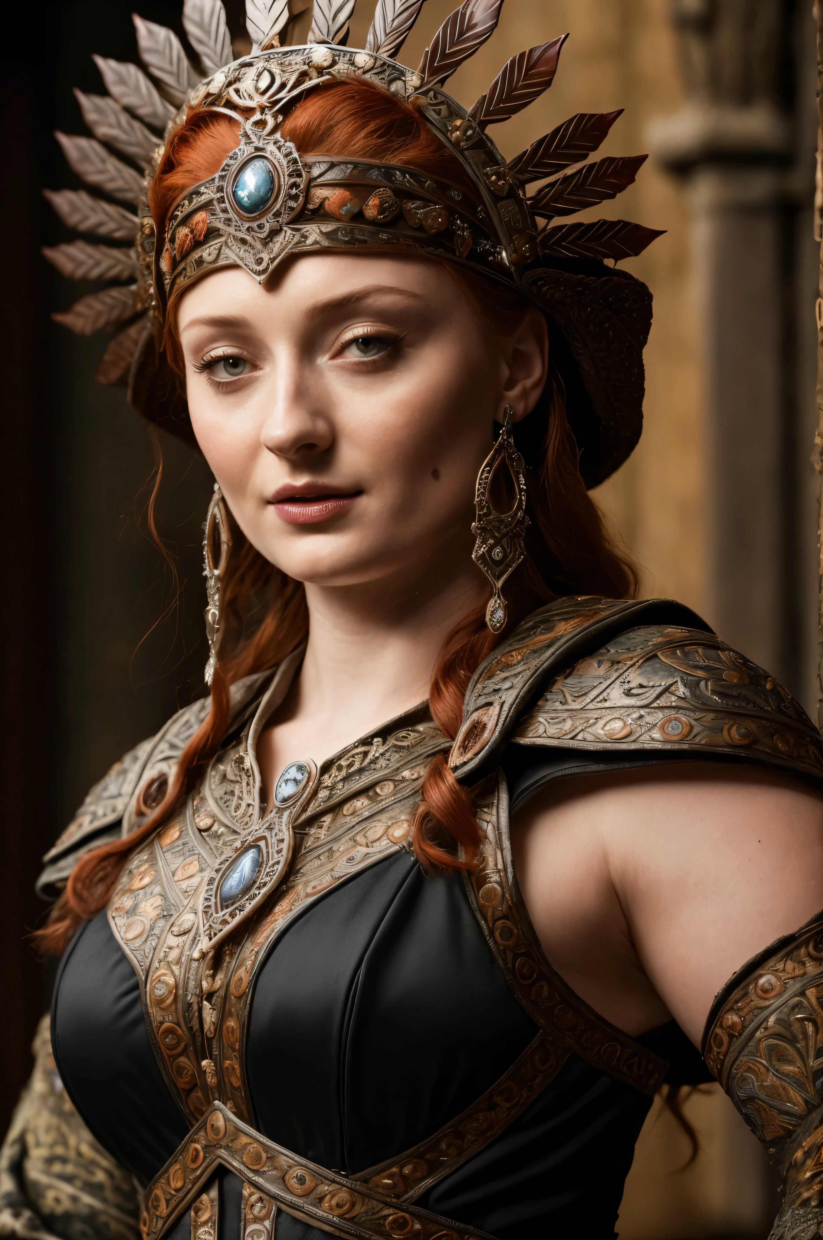 Face of Sophie Turner, Sansa Stark played by Sophie Turner, the de facto Lady of the Eyrie, is a 40-year-old mature queen with a stunning, alluring appearance. Full Face, Full figured woman, pierced eyes, reddish lips, upper body shot, erotic Mediaeval costumes, game of thrones costumes, She wears a Game of Thrones-inspired costume and has a deep cleavage, a perfect thick body, and a perfect thick figure. The photograph captures her in a close-up, with her skin texture and facial features being ultra-realistic and realistic. Juicy thick figure, high quality skin, Skin pores, amazing details, snow, snow flakes, semi realistic, extremely detailed eyes, dark moody orange and black settings, cool environment, artificial intelligence