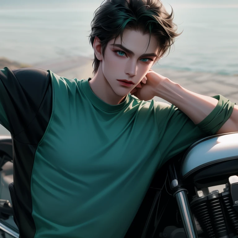 With motorcycle, Boy, tosca hair, green eyes, sharp features, white skin, green t-shirt