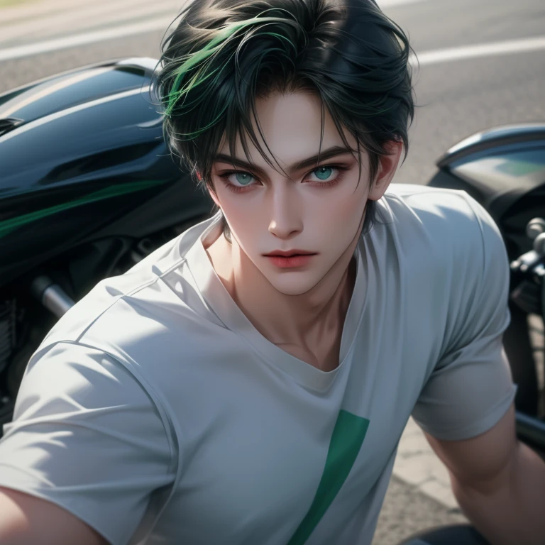With motorcycle, Boy, tosca hair, green eyes, sharp features, white skin, green t-shirt
