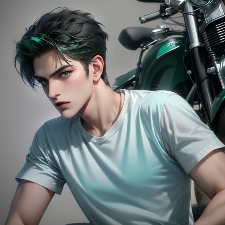 With motorcycle, Boy, tosca hair, green eyes, sharp features, white skin, green t-shirt