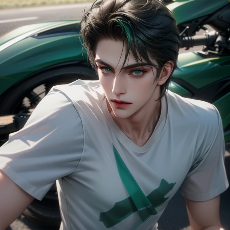 With motorcycle, Boy, tosca hair, green eyes, sharp features, white skin, green t-shirt